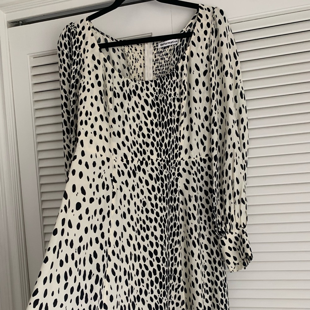 Reformation Alexis black and white polka dot dress